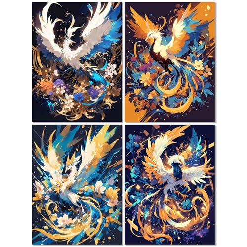 4er Set Diamond Painting Erwachsene Phönix 20x30cm, Diamond Painting Kinder Retro, Basteln Mädchen 10 Jahre, Mosaikherstellung Kreativ Set für Erwachsene, Diamant Stickerei Kits für Wand Dekor Z-426T von cppxinng