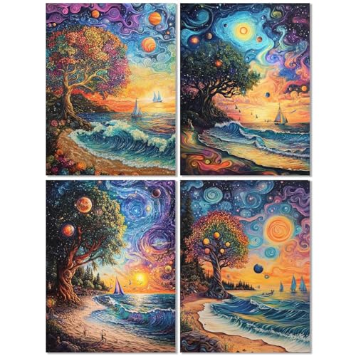 4er Set Diamond Painting Erwachsene Planet 30x40cm, Diamond Painting Kinder Baum Des Lebens, DIY Basteln Mädchen 10 Jahre,Mosaikherstellung Kreativ Set für Erwachsene, 5D Diamant Stickerei Kits Z-412T von cppxinng