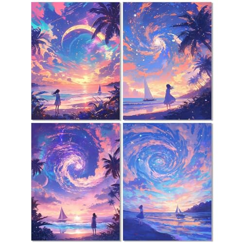 4er Set Diamond Painting Erwachsene Strand 50x70cm, Diamond Painting Kinder Landschaft, DIY Basteln Mädchen 10 Jahre, Mosaikherstellung Kreativ Set für Erwachsene, 5D Diamant Stickerei Kits Z-456T von cppxinng