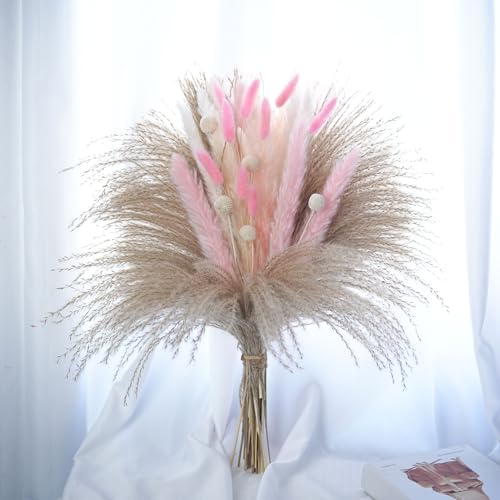 crafity 65pcs Pampasgras Deko Trockenblumen Strauß Rosa Pampasstrauß 44cm Getrocknete Blumenstrauß für Hochzeit Zuhause Tischdeko Whonzimmer Trockenblumenarrangement von crafity
