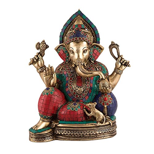 CraftVatika Große Ganesha-Idol-Statue aus Messing mit Buntem türkisfarbenem Korallen-Edelstein (Ganesh, Vinayak, Lambodar, Ganpati), hinduistischer Elefantenkopf, Gott Ganesha, Vintage-Kunsthandwerk, von craftvatika
