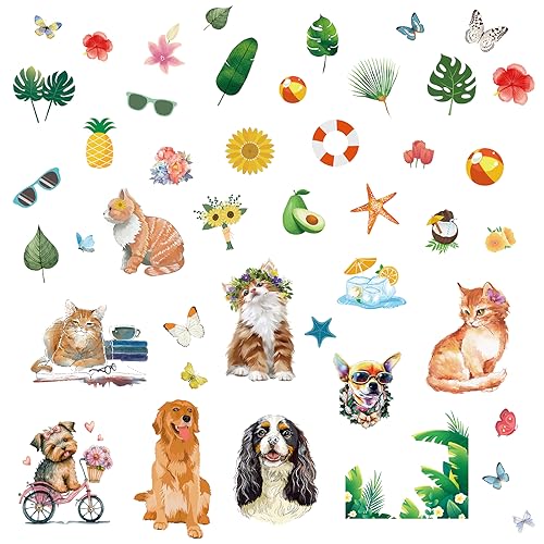 craspire 8 Stile Katze Hund Tropische Wandaufkleber Abziehbilder Palmblätter PVC Fenster Wasserdicht Selbstklebende Vinylfolie Zum Abziehen Und Aufkleben Für Wohnheim Schlafzimmer Wohnzimmer Geschäft von craspire