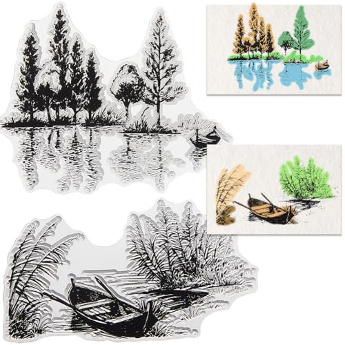 CRASPIRE Baum See Landschaft Hintergrund Klarer Gummistempel Boot Fluss Vintage Transparente Silikonsiegel Stempel Retro Für Journaling Kartenherstellung DIY Scrapbooking Handgemacht Fotoalbum von craspire