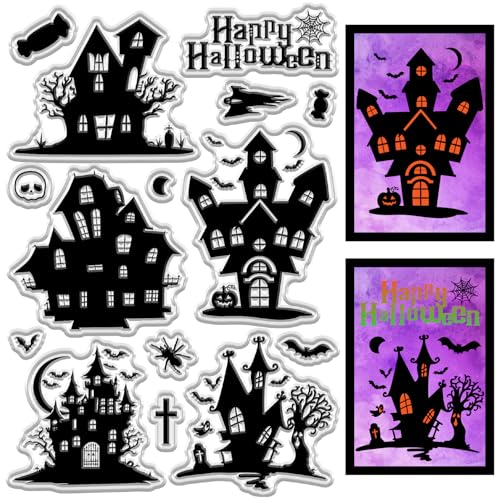 CRASPIRE Klarer Stempel Mit Schloss Happy Halloween Silikonstempel Nacht Mond Fledermaus Spinnennetz Kreuz Retro Wiederverwendbar Transparent Siegel Aus Gummi Für Tagebuch Kartenherstellung Dekoration von craspire