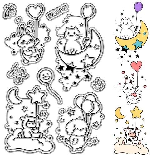 CRASPIRE Transparente Stempel Mit Cartoon-Tier, Kuh, Kaninchen, Katze, Hund, Ballon, Stern, Mond, Wiederverwendbar, Retro, Transparent, Silikon-Stempelsiegel Für Journaling, Kartenherstellung, DIY von craspire