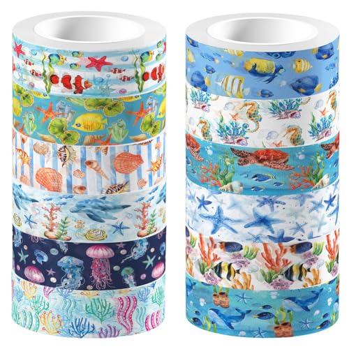 craspire 12 Rolle Dekoratives Abdeckband Mit Meerestieren Meereslebewesen Schildkröten Seesternen Korallen Fischen Quallen Unterwasserwelt Meereslebewesen Bändern Für Tagebücher Scrapbooking von craspire