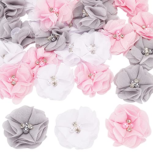 craspire 24 STÜCKE Chiffon Blumen Strass Perlen Seidenblumen Rosa Weiß Grau Stoffblumen DIY Basteln Zubehör Für Haarschleife Stoff Brosche Brautdekoration von craspire