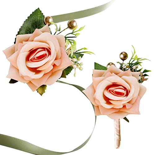 craspire 2PCS Flower Wrist Corsage Boutonniere Set, Champagner Künstliche Rose Handgelenk Corsage Und Herren Boutonniere Set, Handgemachte Stoffblume Für Hochzeit, Blumen, Zubehör, Abschlussball von craspire