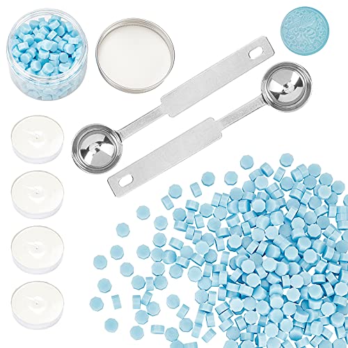 craspire 300PCS Wachssiegelperlen Kit Hellblau, Siegelwachsperlen-Set Im Behälter Verpackt, 2PCS Wachsschmelzlöffel Und 4PCS Kerzen Für Wachssiegelstempel, Briefumschläge Versiegeln, Einladungen von craspire