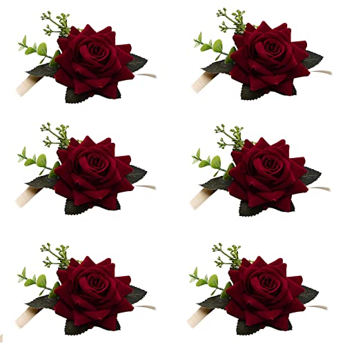 craspire 6 STÜCKE Hochzeit Handgelenk Blume Weinrot Künstliche Blumen Handgelenk Corsage Braut Rose Blatt Seidenband Handblumen Für Braut Und Brautjungfer Festival Abschlussball Verlobung von craspire