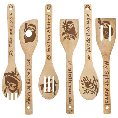craspire 6 Stück Faultier Holzlöffel Mit Den Worten My Spirit Animal Words Süßes Interessantes Küchengeschirr Essgeschirr Aus Naturbambus Zum Kochen Geschnitzt Gebrannte Schlitzspatel Für Geburtstage von craspire