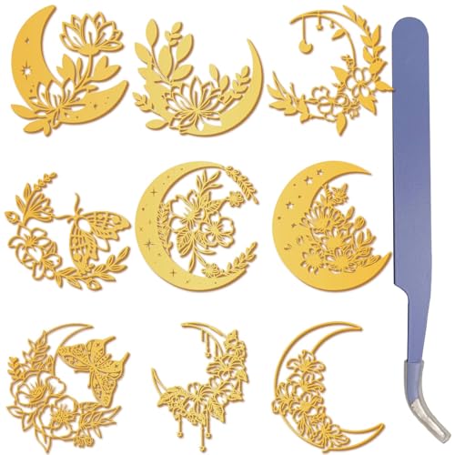 craspire 9 Stück Mondphasen Lotus Gold Metallaufkleber 1,5 x 1,5 Zoll Mit Pinzette Wasserdicht Blume Boho Schmetterling Selbstklebender Nickel Dekorationsaufkleber Für Sammelalben DIY Harzbasteleien von craspire