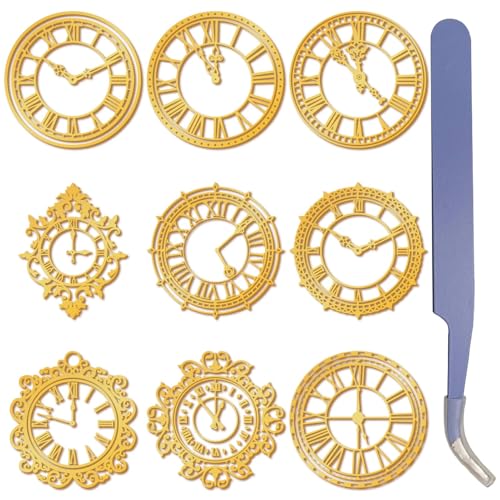 craspire 9 Stück Vintage Uhr Aufkleber Aus Goldenem Metall 1,5 x 1,5 Zoll Mit Pinzette Retro Aufkleber Wasserdicht Selbstklebend Nickel Zum Dekorieren von Sammelalben Basteln Aus Kunstharz von craspire