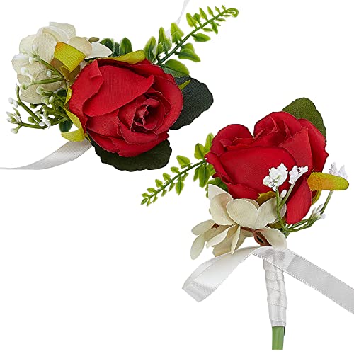 craspire Handgelenk-Set Mit Roter Rose Im Knopfloch, Künstliche Hochzeit Boutonniere Seidenarmband, Ansteckblume Knopflöcher Rose Handgelenk Corsage Bräutigam Und Bräute Für Hochzeitszeremonie von craspire