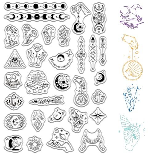 craspire Klare Stempel Mit Sonne Und Mondphase Diamantmotte Hexenhand PVC Wiederverwendbar Vintage Hintergrund Poststempel Transparente Gummistempel Für Scrapbooking Journaling Kartenherstellung von craspire