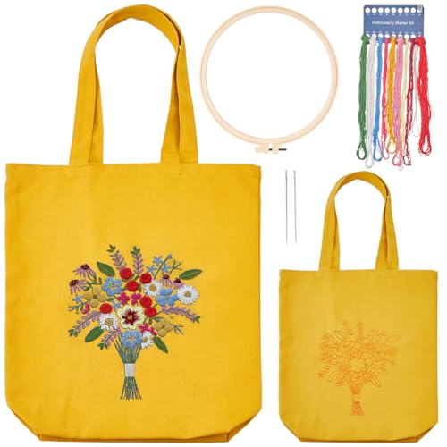 craspire Stickset Für Einkaufstasche Aus Segeltuch Mit Blumenstrauß Für Anfänger Kreuzstich Set Gelb Mit Sticktuch Nadeln Farbigem Faden Werkzeug Anleitung Stickrahmen Kunst DIY Bastelset Erwachsene von craspire