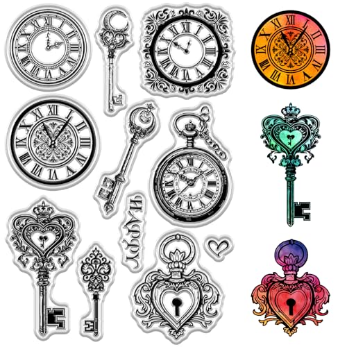 craspire Transparente Stempel Mit Vintage Schloss Und Schlüssel Retro Uhr Dekorativer Gummi Siegelstempel Geschenk Wiederverwendbar Transparentes Silikon Für DIY Scrapbooking Journaling von craspire