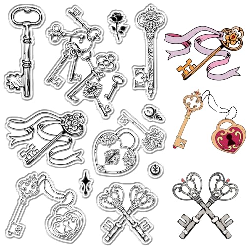 craspire Vintage Schlüssel Klare Stempel Vorhängeschloss Rose Wiederverwendbare Hintergrund Poststempel Transparente Silikonstempel Siegel für Journaling Kartenherstellung Dekor DIY Scrapbooking von craspire