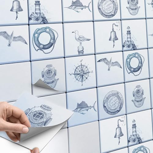 10 Stück Fliesenaufkleber, Fliesenfolie 15x15 cm für Küche und Bad - Klebefliesen, Mosaikfliesen selbstklebend - SET // Design: Maritim von creatisto