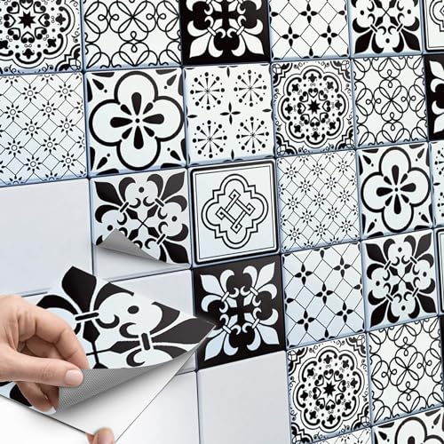 30 Stück Fliesenaufkleber 10x10 cm für Küche und Bad - Mosaikfliesen, Klebefliesen - Aufkleber Fliesen selbstklebend SET // Design: Schwarz weiße Fantasie von creatisto