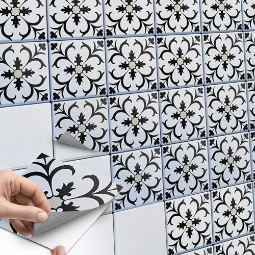 30 Stück Fliesenaufkleber 15x15 cm für Bad und Küche - Mosaikfliesen, Klebefliesen - Stickerfliesen, Fliesen Folie SET // Design: Black Flower Pattern von creatisto