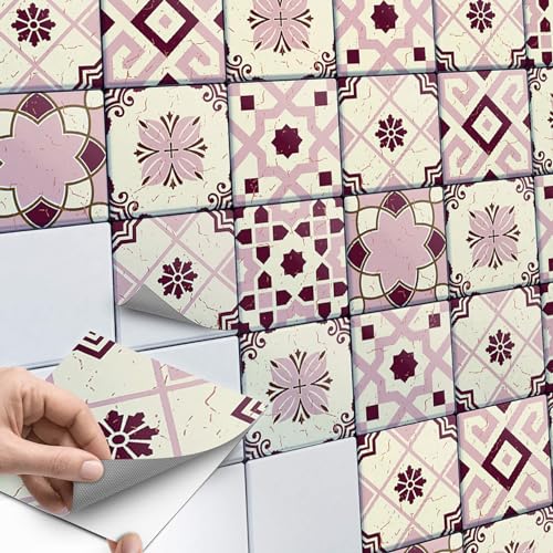 60 Stück Fliesenaufkleber, Mosaikfliesen 20x20 cm für Küche und Bad - Fliesenfolie, Klebefliesen selbstklebend - SET // Design: Mediterranean Tile Set - Red Purple von creatisto