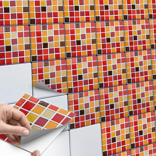 60 Stück Fliesenaufkleber 15x15 cm für Bad und Küche - Mosaikfliesen, Klebefliesen - selbstklebende Fliesen SET // Design: Mosaik Rot-Orange von creatisto