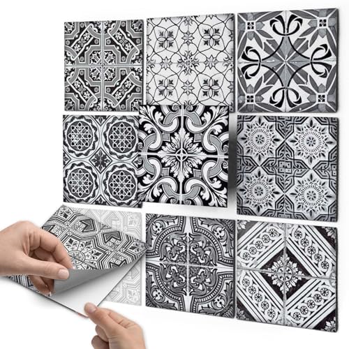 Fliesen Tattoo u. Fliesenfolie - CREATISTO Klebefliesen und Klebefolie Fliesen I Selbstklebende Fliesensticker - Badfliesen u. Küchen Fliesen überkleben I 15x15 cm - Muster Black n White - 36 Stück von creatisto