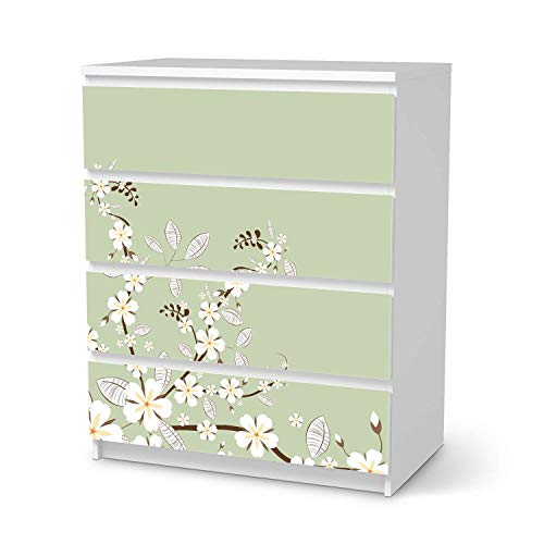 Klebe-Folie Möbel passend für IKEA Malm Kommode 4 Schubladen I Möbelfolie - Möbel-Folie Tattoo Sticker I Schöner Wohnen für Schlafzimmer und Wohnzimmer - Design: White Blossoms von creatisto