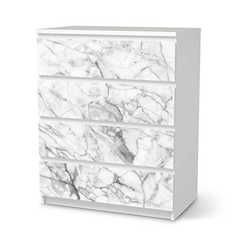 Möbel-Folie passend für IKEA Malm Kommode 4 Schubladen I Möbelfolie - Möbel-Tattoo Sticker Aufkleber I Deko Ideen Wohnung für Esszimmer und Wohnzimmer - Design: Marmor weiß von creatisto