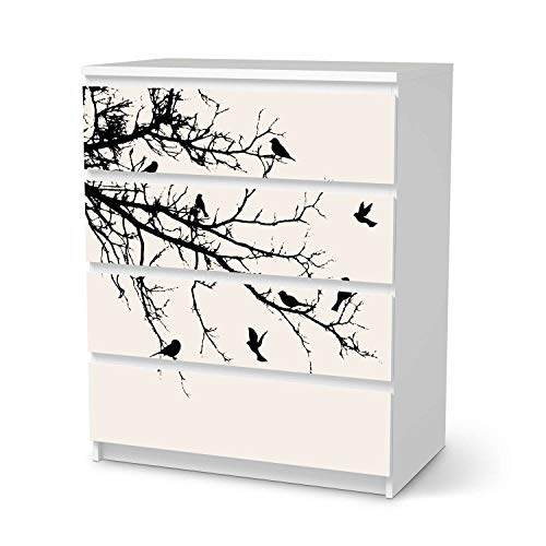 Möbel-Folie passend für IKEA Malm Kommode 4 Schubladen I Möbelfolie - Möbel-Tattoo Sticker Aufkleber I Deko Ideen Wohnung für Esszimmer und Wohnzimmer - Design: Tree and Birds 1 von creatisto