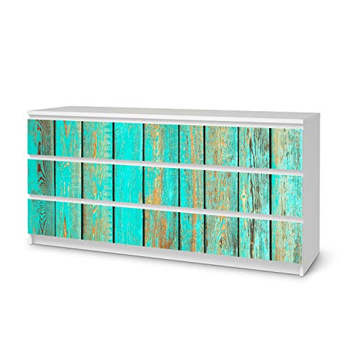 Möbel-Folie passend für IKEA Malm Kommode 6 Schubladen (breit) I Möbelfolie - Möbel-Tattoo Sticker Aufkleber I Deko Ideen Wohnung für Esszimmer und Wohnzimmer - Design: Wooden Aqua von creatisto