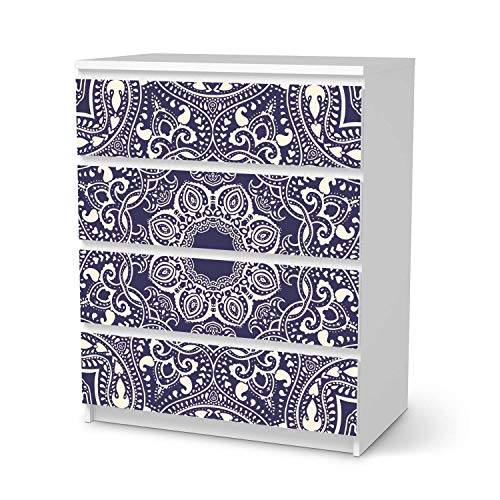 Möbelfolie selbstklebend passend für IKEA Malm Kommode 4 Schubladen I Möbelaufkleber - Möbel-Sticker Aufkleber Folie I Deko Wohnung für Schlafzimmer und Wohnzimmer - Design: Blue Mandala von creatisto