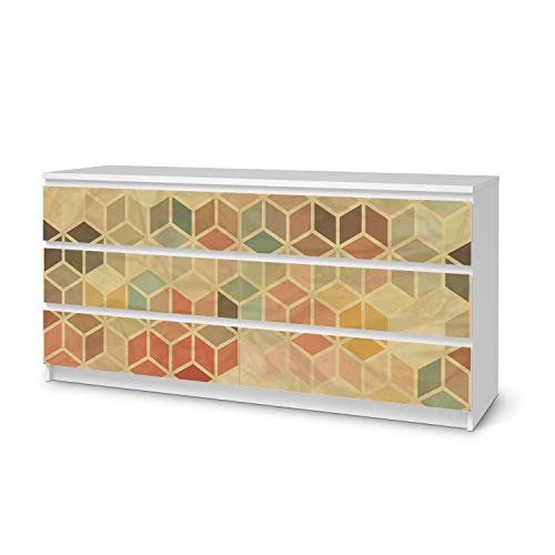 Möbelfolie selbstklebend passend für IKEA Malm Kommode 6 Schubladen (breit) I Möbelaufkleber - Möbel-Sticker Aufkleber Folie I Deko Wohnung für Schlafzimmer und Wohnzimmer - Design: 3D Retro von creatisto