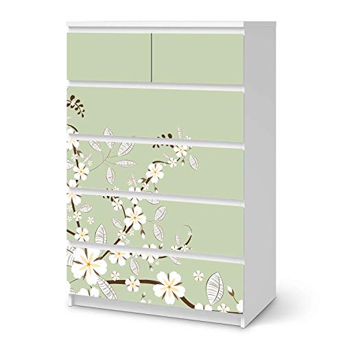 Möbelfolie selbstklebend passend für IKEA Malm Kommode 6 Schubladen (hoch) I Möbelaufkleber - Möbel-Sticker Aufkleber Folie I Deko Wohnung für Schlafzimmer und Wohnzimmer - Design: White Blossoms von creatisto