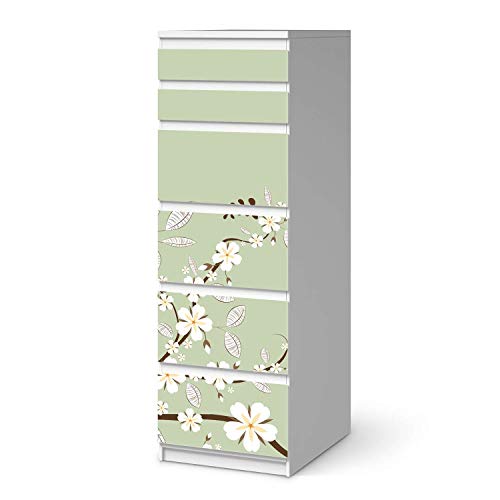 Möbel-Folie passend für IKEA Malm Kommode 6 Schubladen (schmal) I Möbelfolie - Möbel-Tattoo Sticker Aufkleber I Deko Ideen Wohnung für Esszimmer und Wohnzimmer - Design: White Blossoms von creatisto