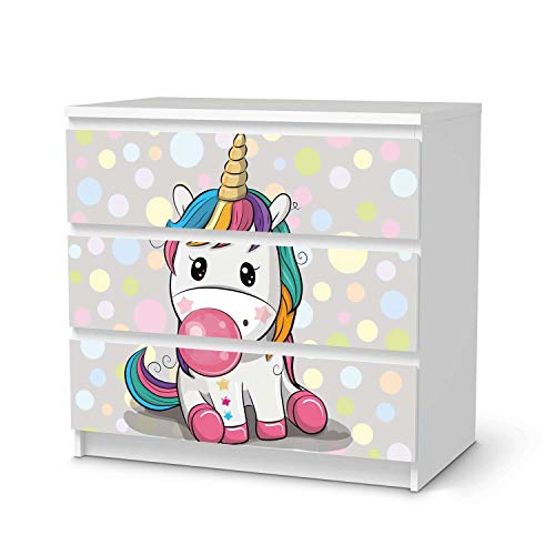 Möbelfolie selbstklebend für Kinder - passend für IKEA Malm Kommode 3 Schubladen I Tolle Möbelaufkleber für Kinder-Zimmer Deko I Design: Rainbow das Einhorn von creatisto