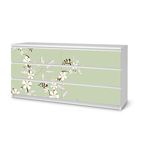 Möbeltattoo passend für IKEA Malm Kommode 6 Schubladen (breit) I Möbeldekoration - Möbel-Aufkleber Folie Tattoo I Deko DIY für Schlafzimmer, Wohnzimmer - Design: White Blossoms von creatisto