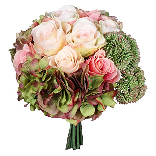 Kunstblume, ROSENBOUQUET, 29 cm. Blumenstrauß mit 19 Blumen in grün - rosa. von creativ home