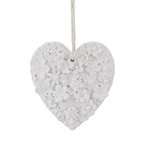 creativ home 6 x Stuck Herz Hänger ca 6,5 cm. 6er Set mit Stuck Herzen mit Blüten in Weiss von creativ home