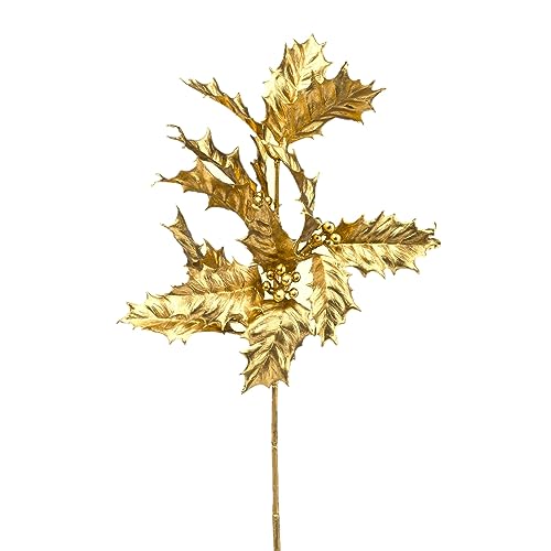 creativ home Künstlicher Ilexzweig 44cm. Kunstpflanze Fakepflanze Christdorn, Stechpalme, Hochzeitsdeko, metallic Gold von creativ home