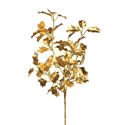 creativ home Künstlicher Ilexzweig 60cm metallic Gold. Kunstpflanze Fakeplanze Kunstblume Christdorn Stechpalme von creativ home