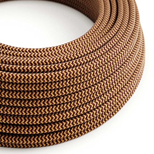 creative cables Textilkabel rund, Zick-Zack Muster, Gold/Bordeaux mit Seideneffekt, RZ23-5 Meter, 2x0.75 von creative cables
