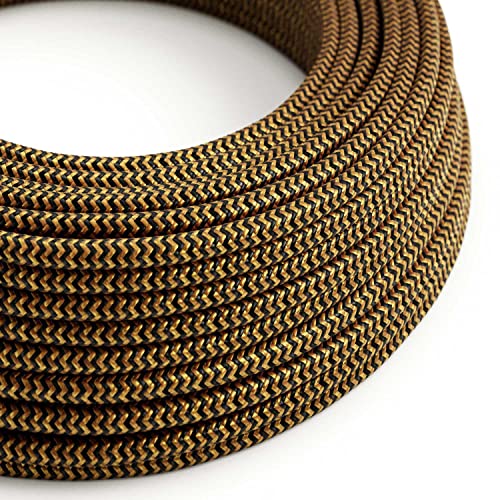 creative cables - Textilkabel rund, Zick-Zack Muster, Gold/schwarz mit Seideneffekt, RZ24-50 Meter, 3x0.75 von creative cables