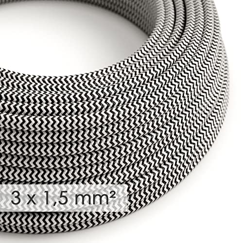 creative cables Textilkabel rund mit breitem Querschnitt 3x1,50 - Seideneffekt Zickzack Schwarz RZ04-5 Meter von creative cables
