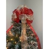 Großes Sheer Gold Band Mit Glitzer Swirls Und Rot Roten Weihnachtsbaum Topper Bogen von creativelycarole