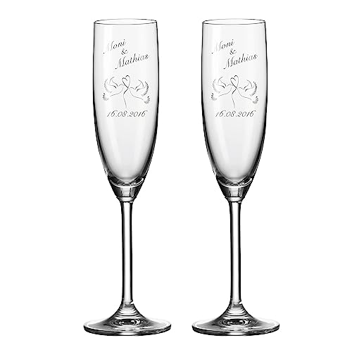 2 Sektgläser zur Hochzeit von Leonardo mit Gravur - Jedes Sektglas graviert und personalisiert mit Namen und Datum von creativgravur