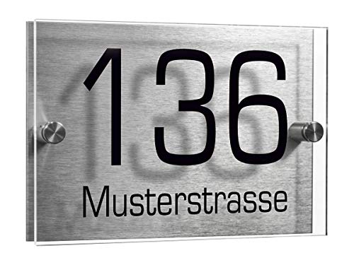 Elegantes Hausnummernschild - personalisierbar mit Hausnummer & Straßenname - bedrucktes Acrylglas mit Rückwand und Abstandshalter - Größe 140 x 200 mm von creativgravur