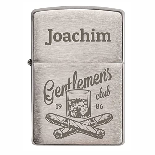 Creativgravur - Zippo mit Gravur in Chrom-Optik - Verschiedene Motive - Zippo Feuerzeug personalisiert mit Geschenk-Box - Zippo Brushed als Geschenk - Motiv: Gentlemen Club 2 von creativgravur