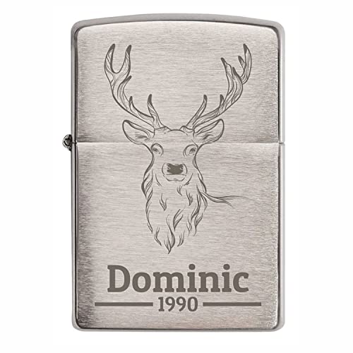 Creativgravur - Zippo mit Gravur in Chrom-Optik - Verschiedene Motive - Zippo Feuerzeug personalisiert mit Geschenk-Box - Zippo Brushed als Geschenk - Motiv: Hirsch von creativgravur